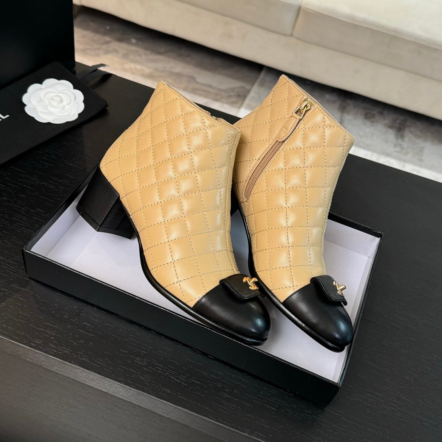 CHANEL Ankle Boots 50mm Beige Black Quilted Lambskin