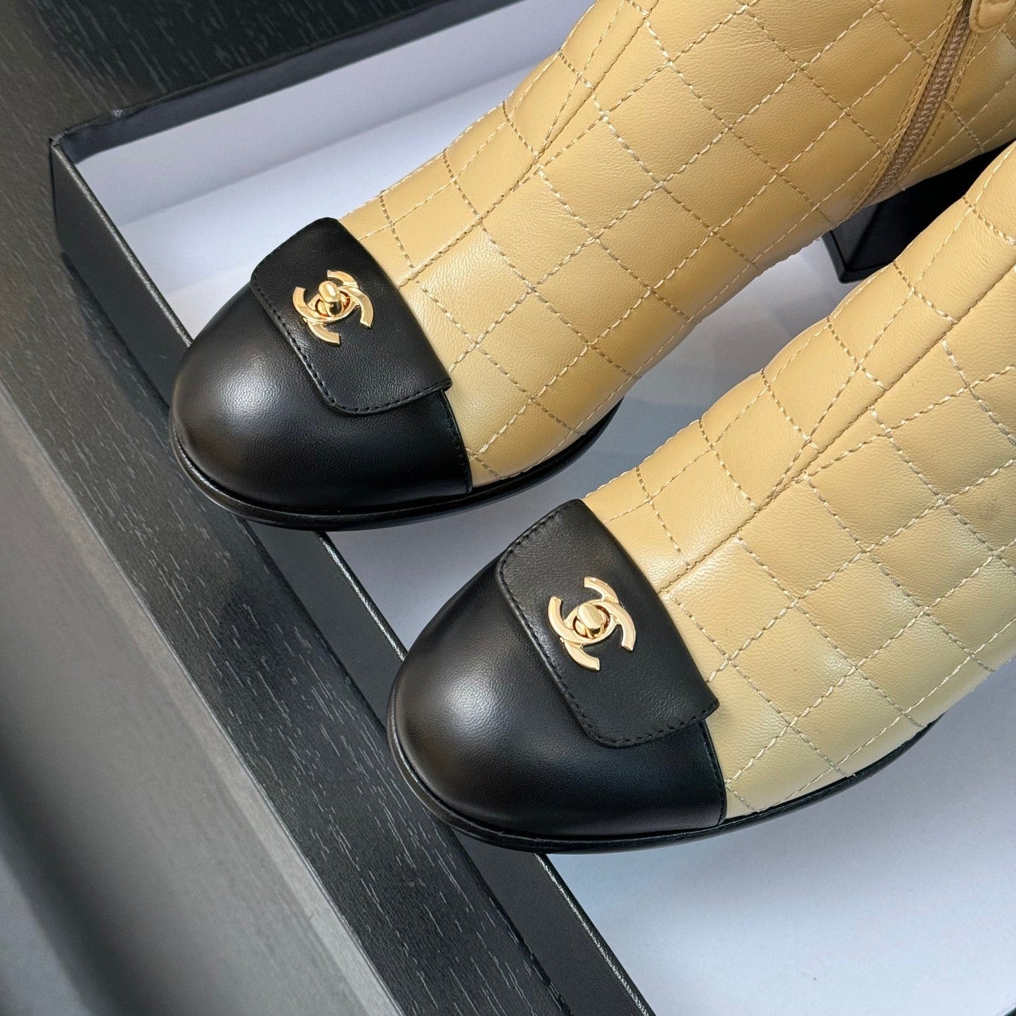 CHANEL Ankle Boots 50mm Beige Black Quilted Lambskin
