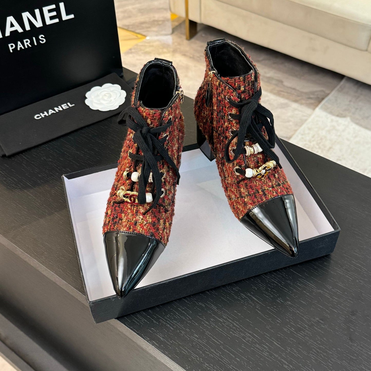 CHANEL Ankle Boots Orange Red Beaded Tweed Fabric And Lambskin