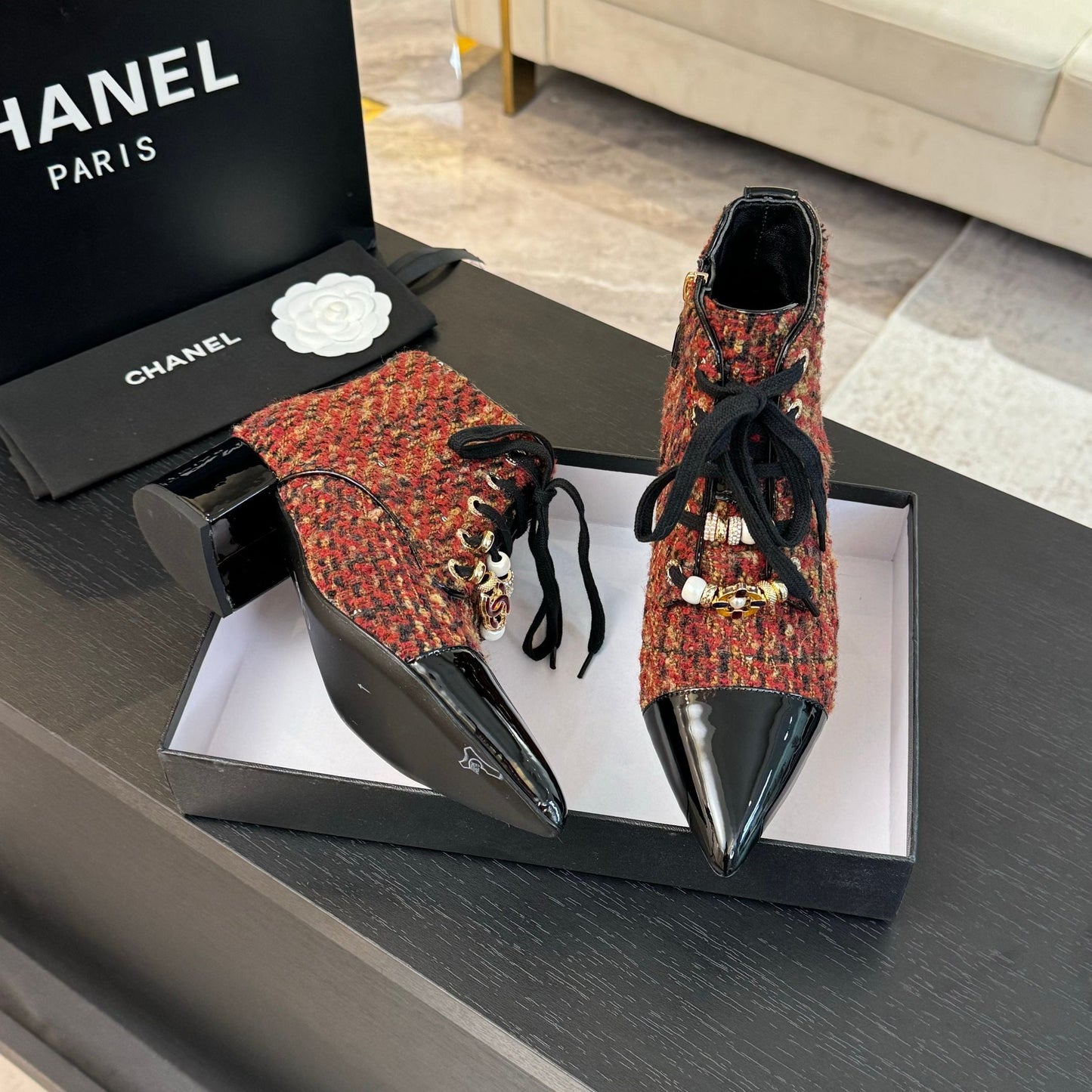 CHANEL Ankle Boots Orange Red Beaded Tweed Fabric And Lambskin