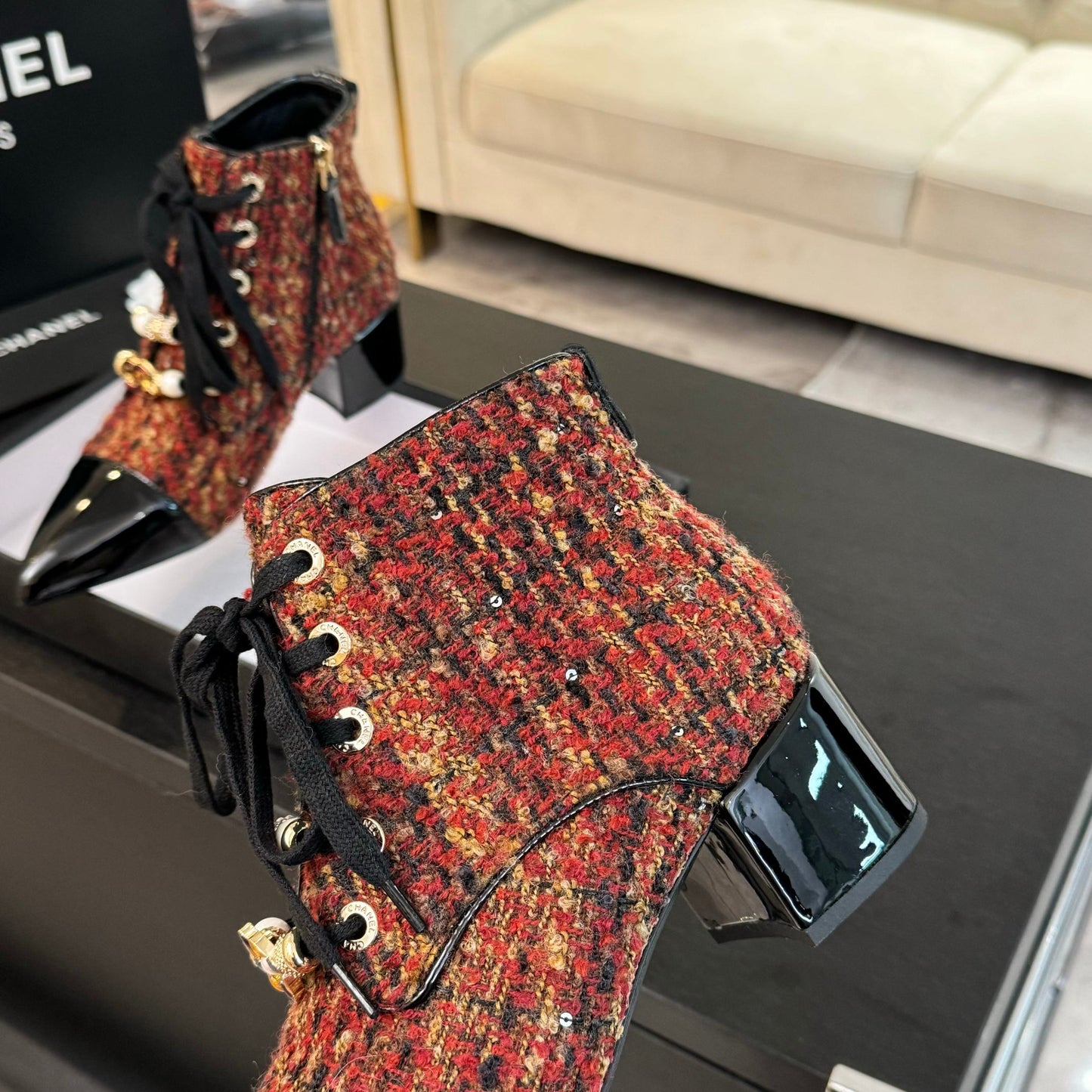 CHANEL Ankle Boots Orange Red Beaded Tweed Fabric And Lambskin