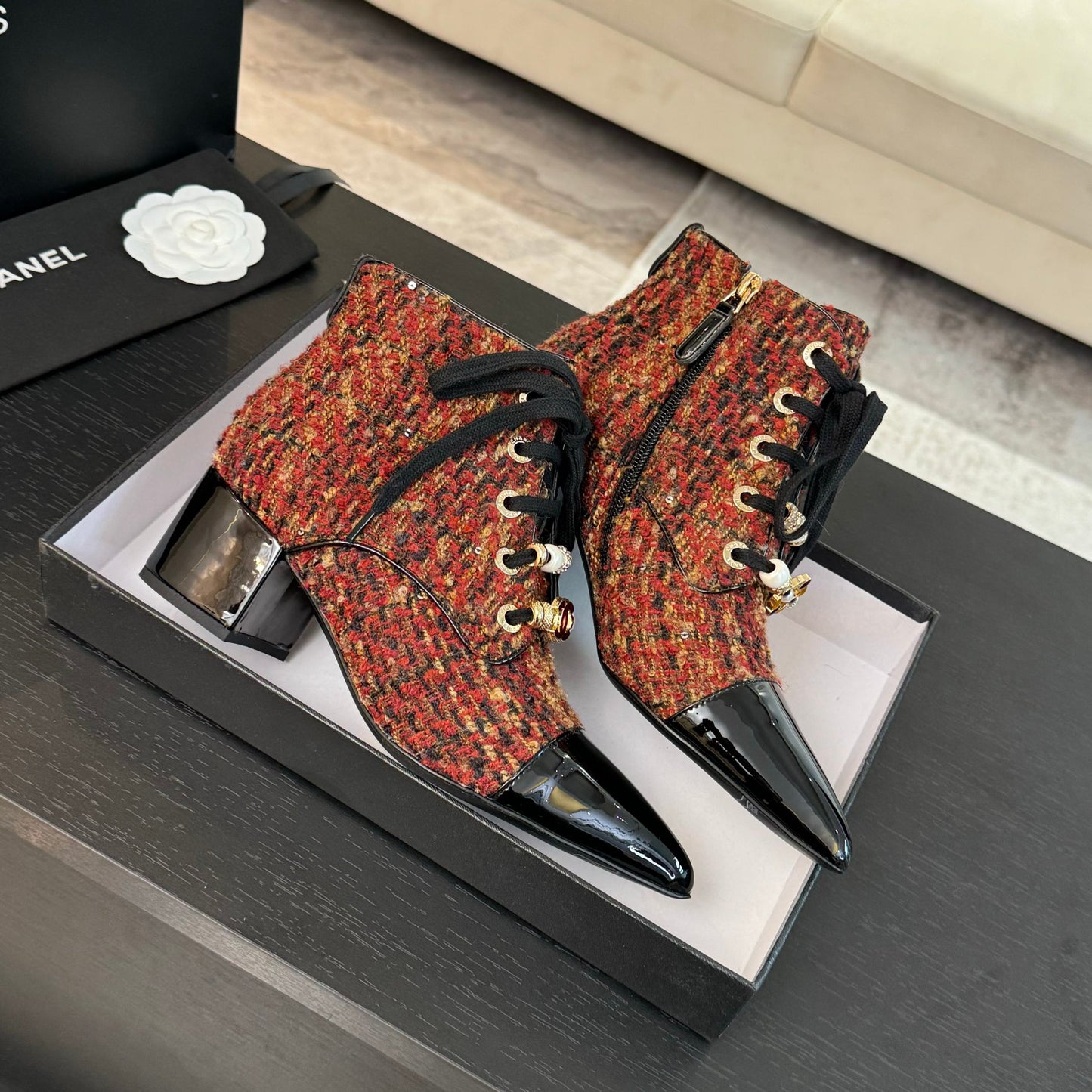 CHANEL Ankle Boots Orange Red Beaded Tweed Fabric And Lambskin