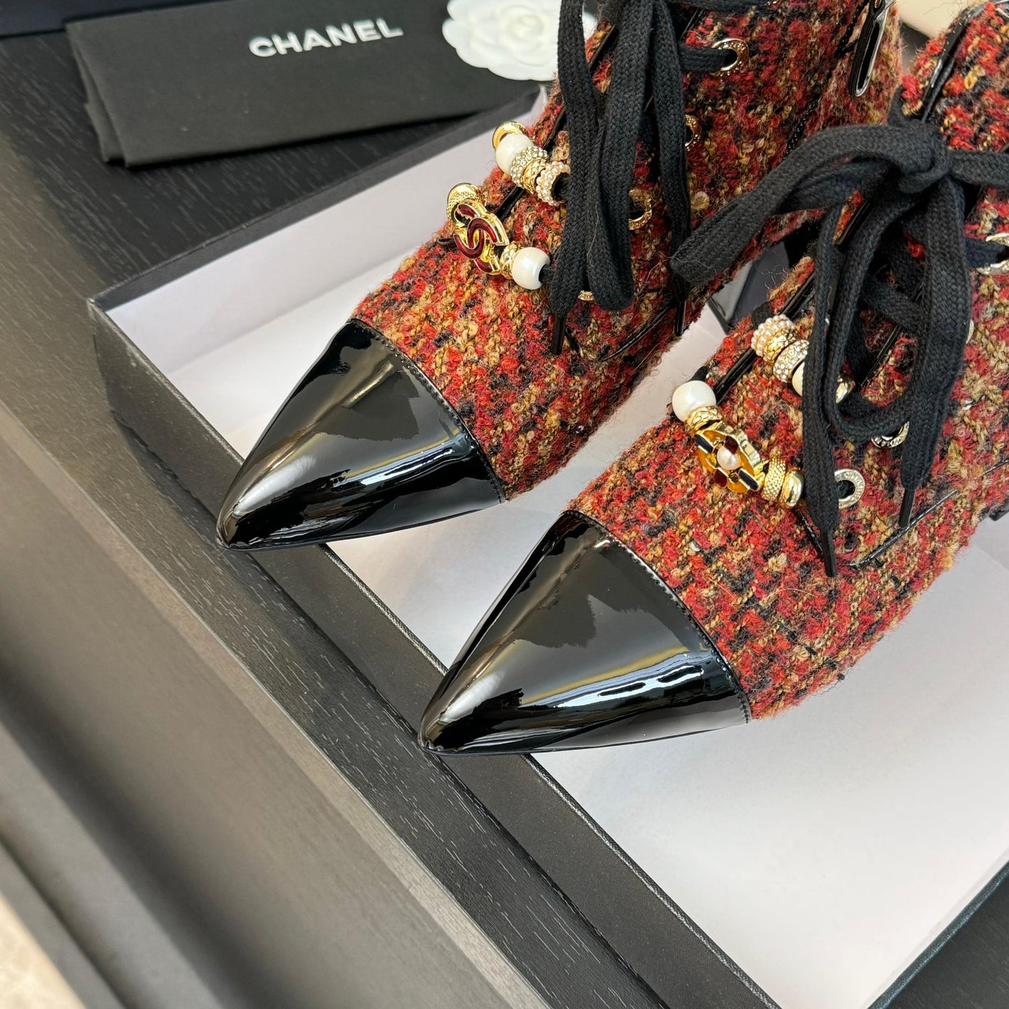 CHANEL Ankle Boots Orange Red Beaded Tweed Fabric And Lambskin