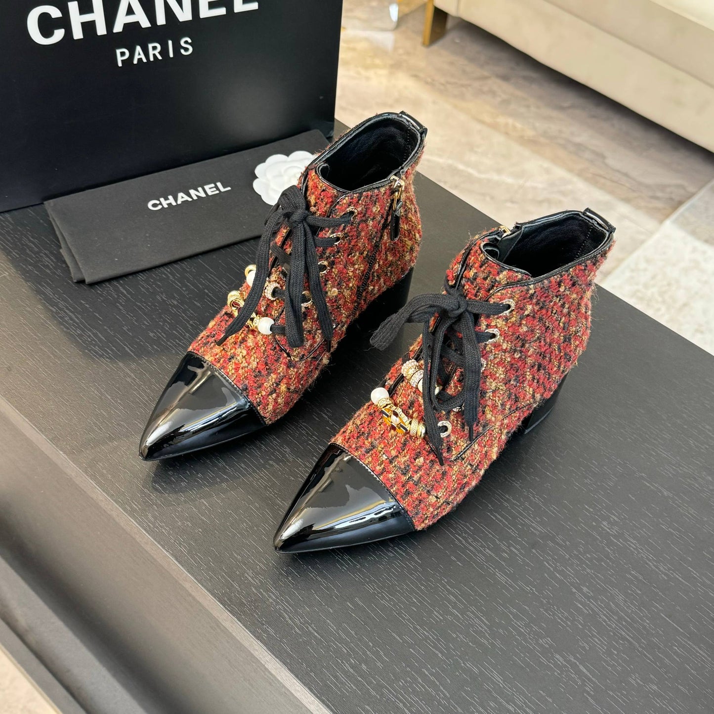 CHANEL Ankle Boots Orange Red Beaded Tweed Fabric And Lambskin