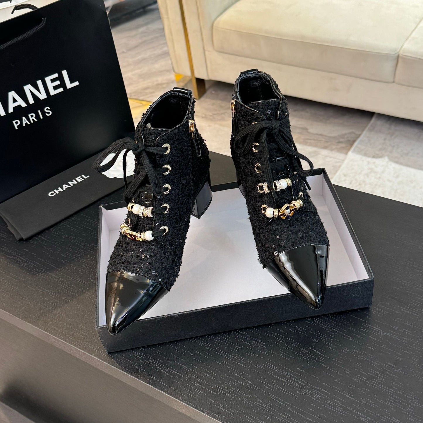 CHANEL Ankle Boots Black Beaded Tweed Fabric And Lambskin