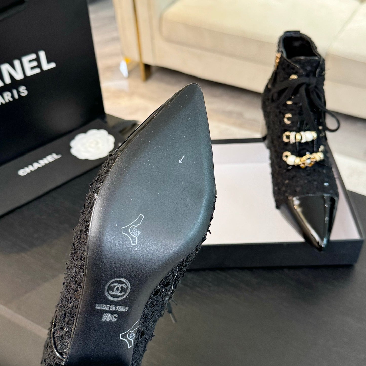 CHANEL Ankle Boots Black Beaded Tweed Fabric And Lambskin