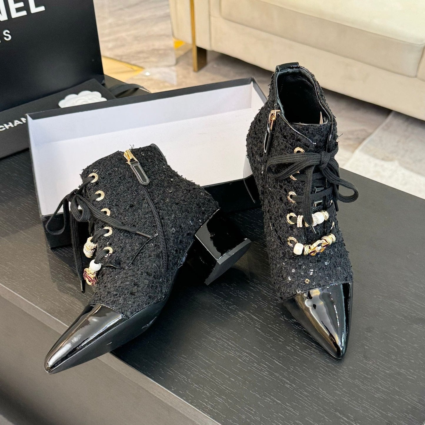 CHANEL Ankle Boots Black Beaded Tweed Fabric And Lambskin