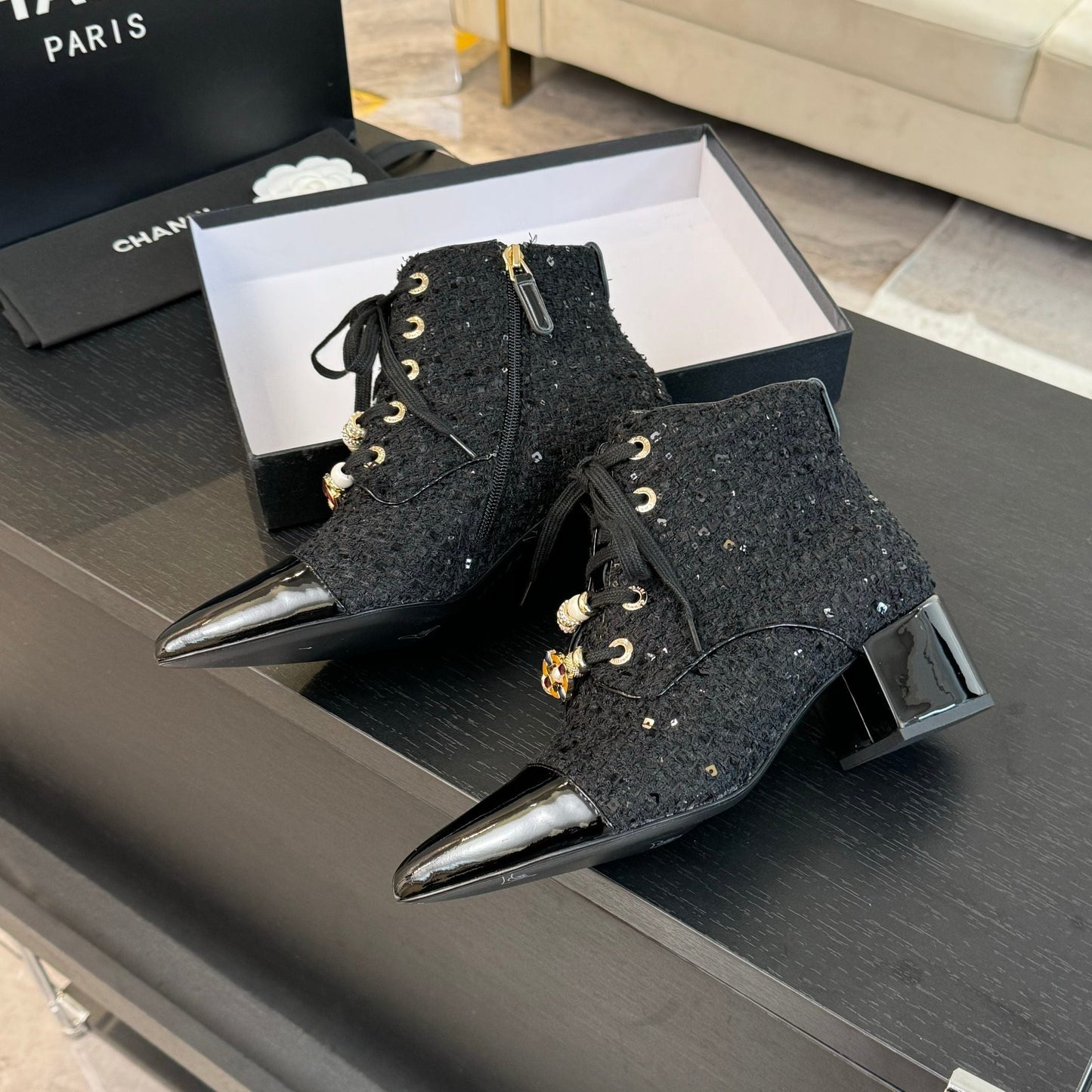 CHANEL Ankle Boots Black Beaded Tweed Fabric And Lambskin
