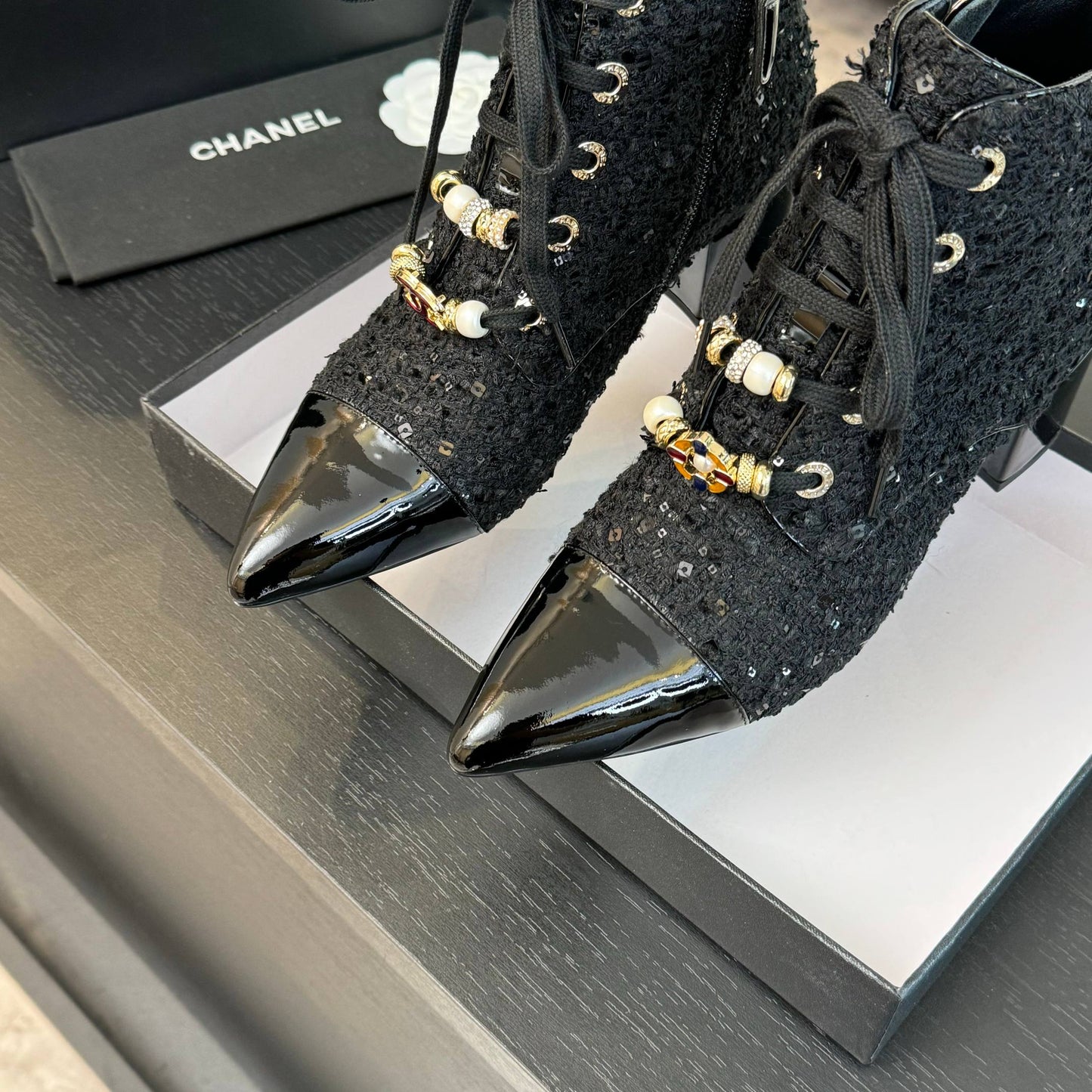 CHANEL Ankle Boots Black Beaded Tweed Fabric And Lambskin