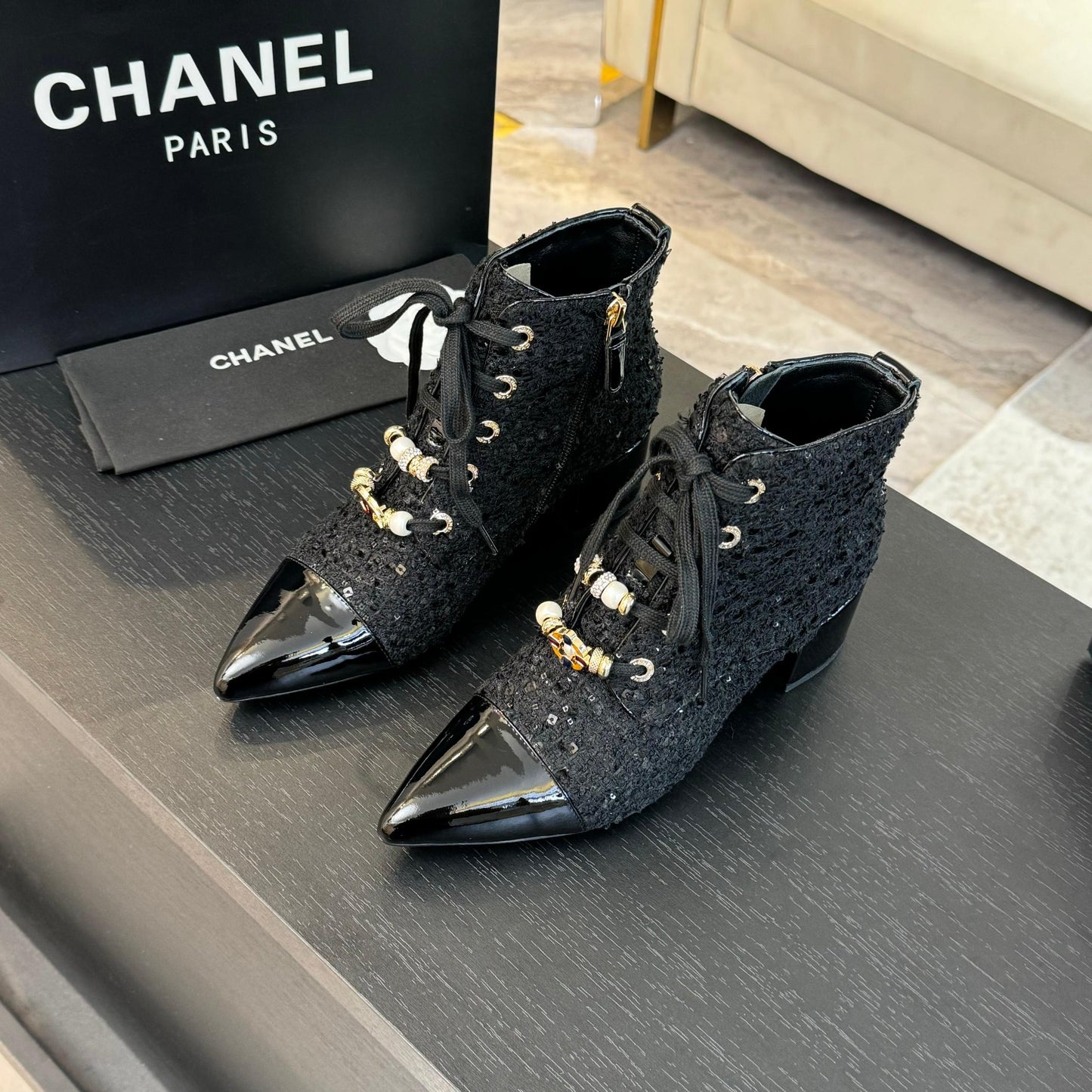 CHANEL Ankle Boots Black Beaded Tweed Fabric And Lambskin