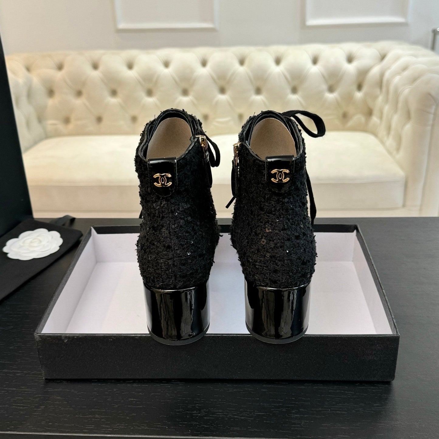 CHANEL Ankle Boots Black Beaded Tweed Fabric And Lambskin