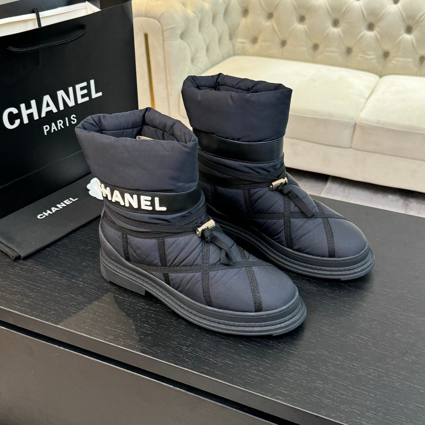 CHANEL Ankle Boots Grey Mix Black Wind Cloth Quilted
