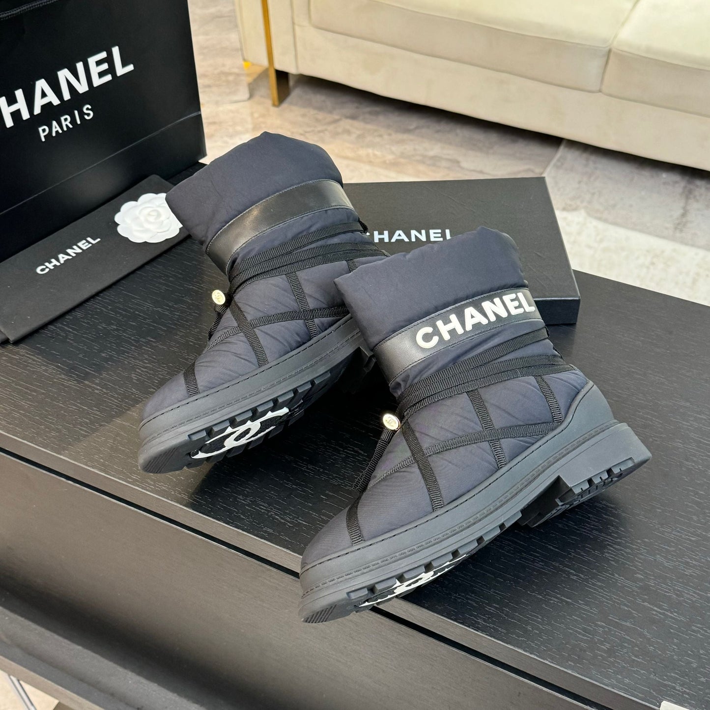 CHANEL Ankle Boots Grey Mix Black Wind Cloth Quilted