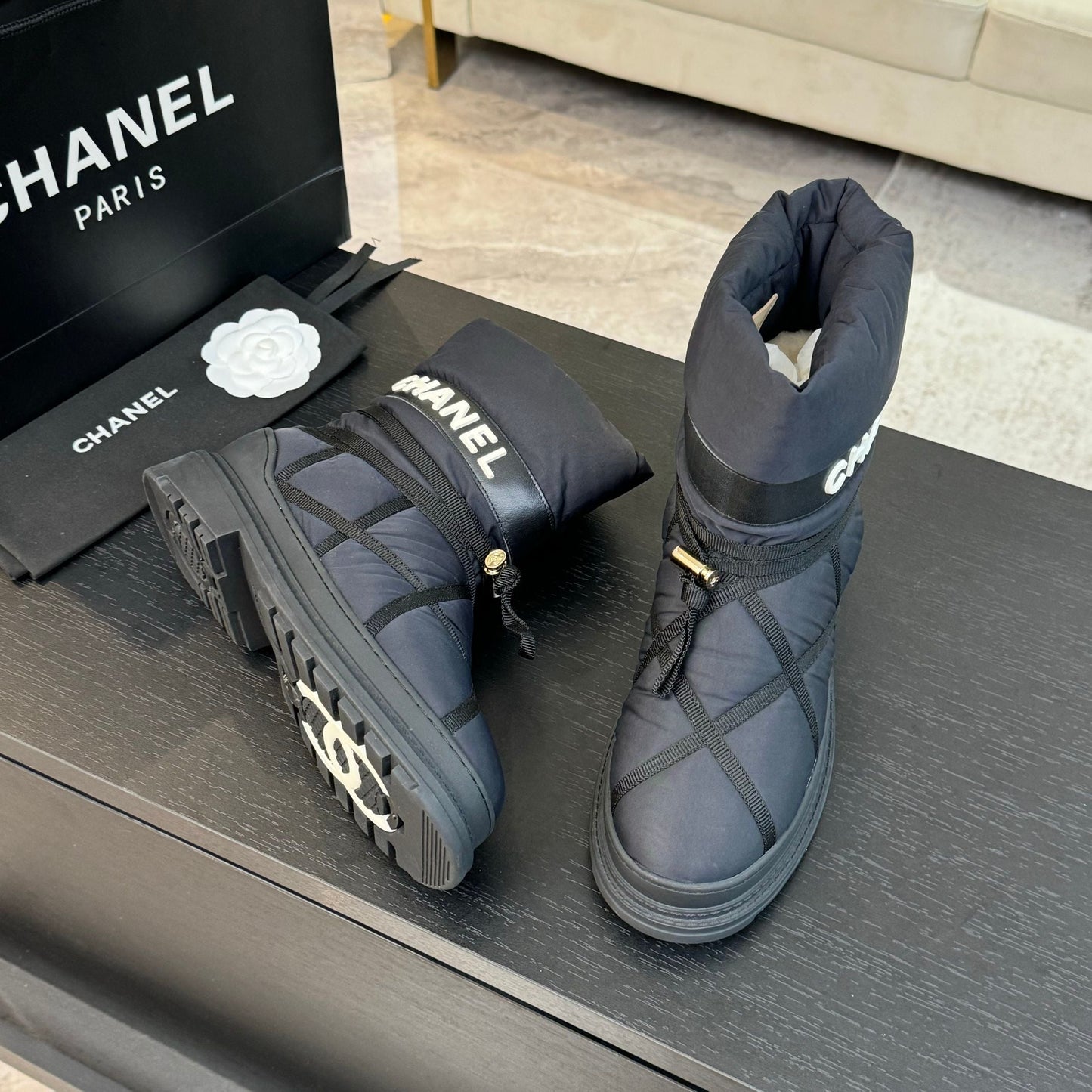 CHANEL Ankle Boots Grey Mix Black Wind Cloth Quilted