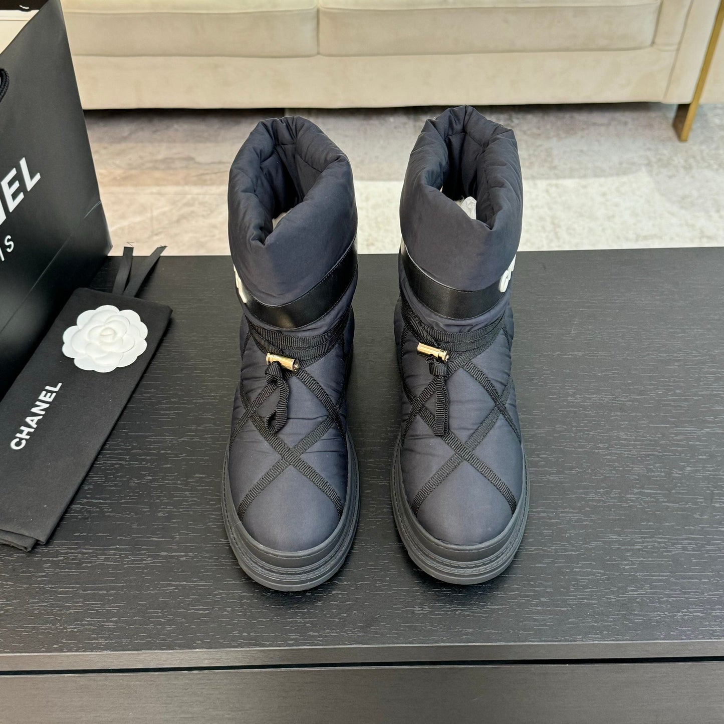 CHANEL Ankle Boots Grey Mix Black Wind Cloth Quilted