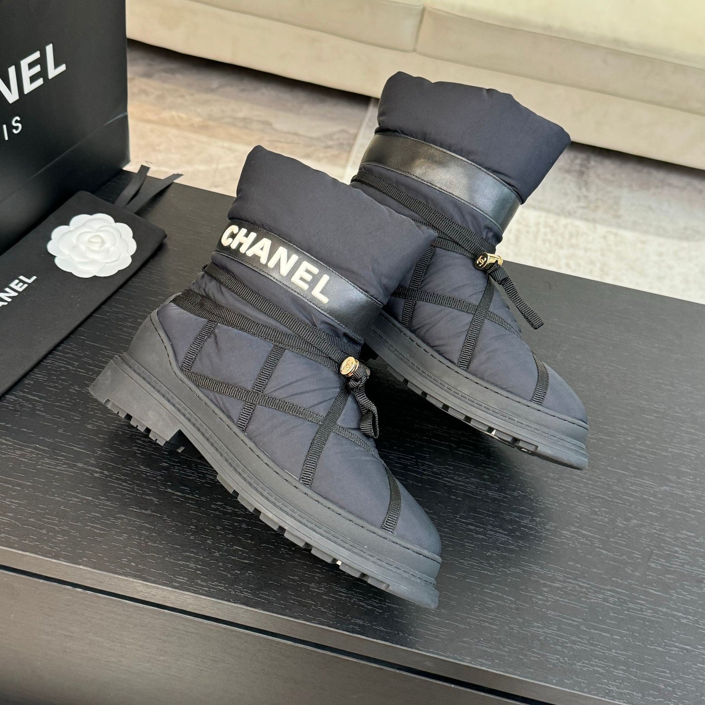 CHANEL Ankle Boots Grey Mix Black Wind Cloth Quilted