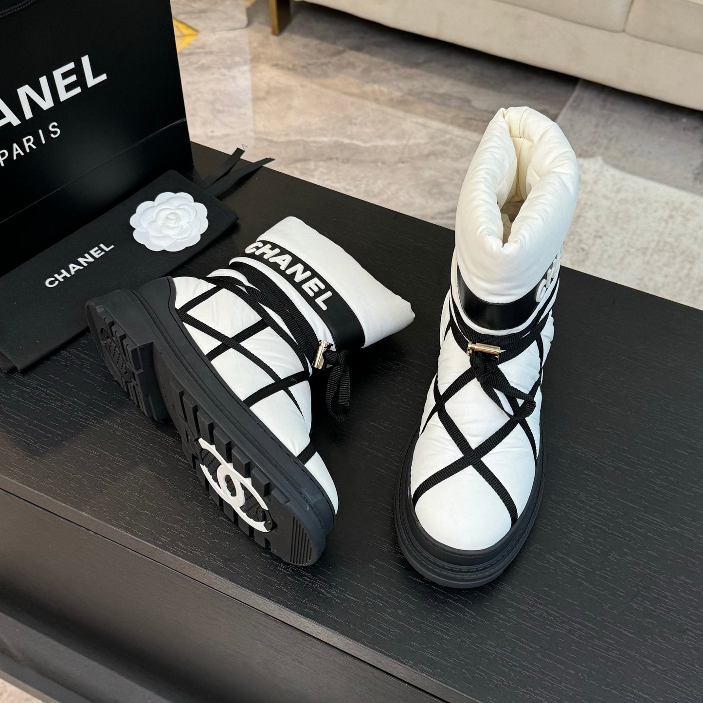 CHANEL Ankle Boots White Mix Black Wind Cloth Quilted