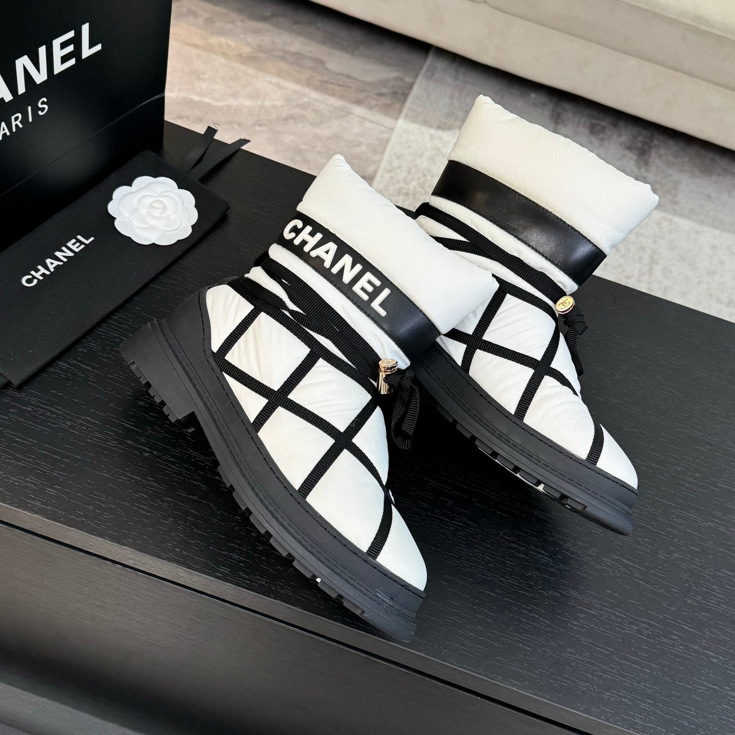 CHANEL Ankle Boots White Mix Black Wind Cloth Quilted