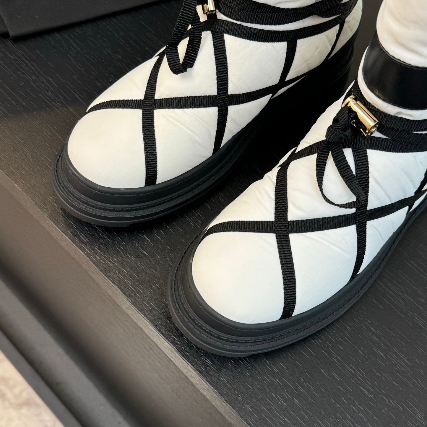 CHANEL Ankle Boots White Mix Black Wind Cloth Quilted