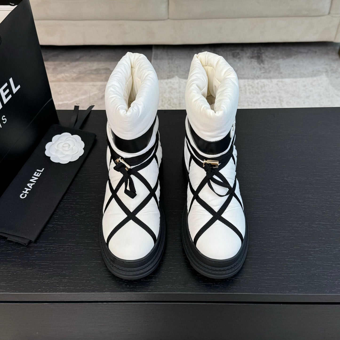 CHANEL Ankle Boots White Mix Black Wind Cloth Quilted