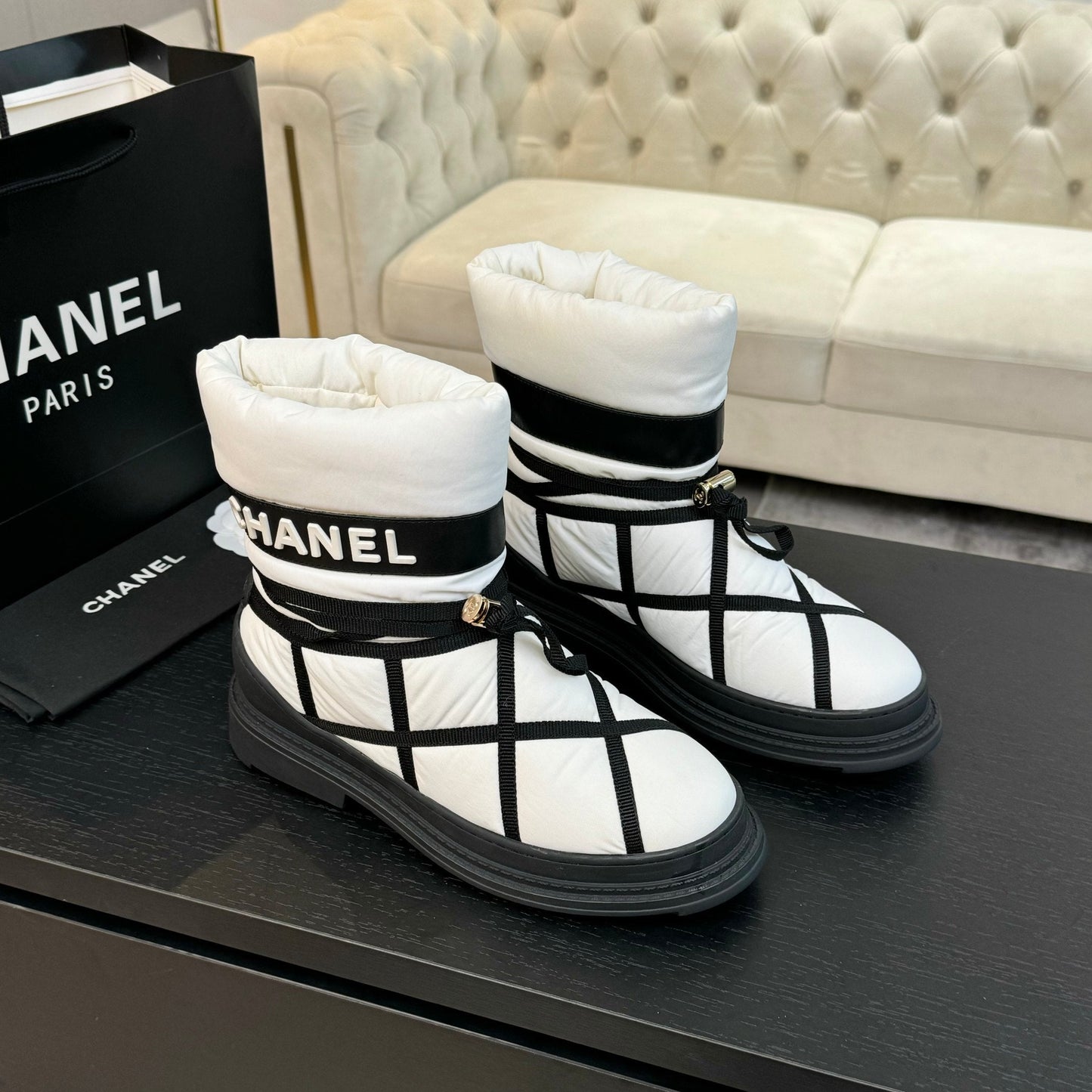 CHANEL Ankle Boots White Mix Black Wind Cloth Quilted