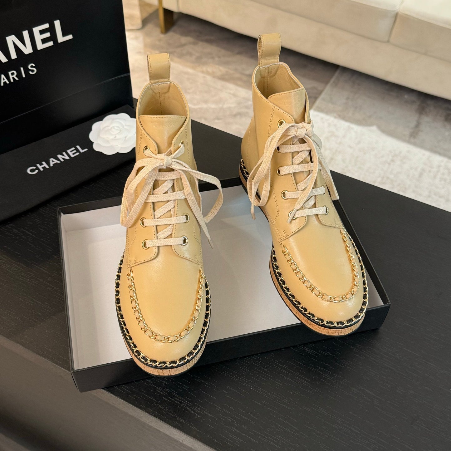 CHANEL Ankle Boots Beige With Chain Calfskin