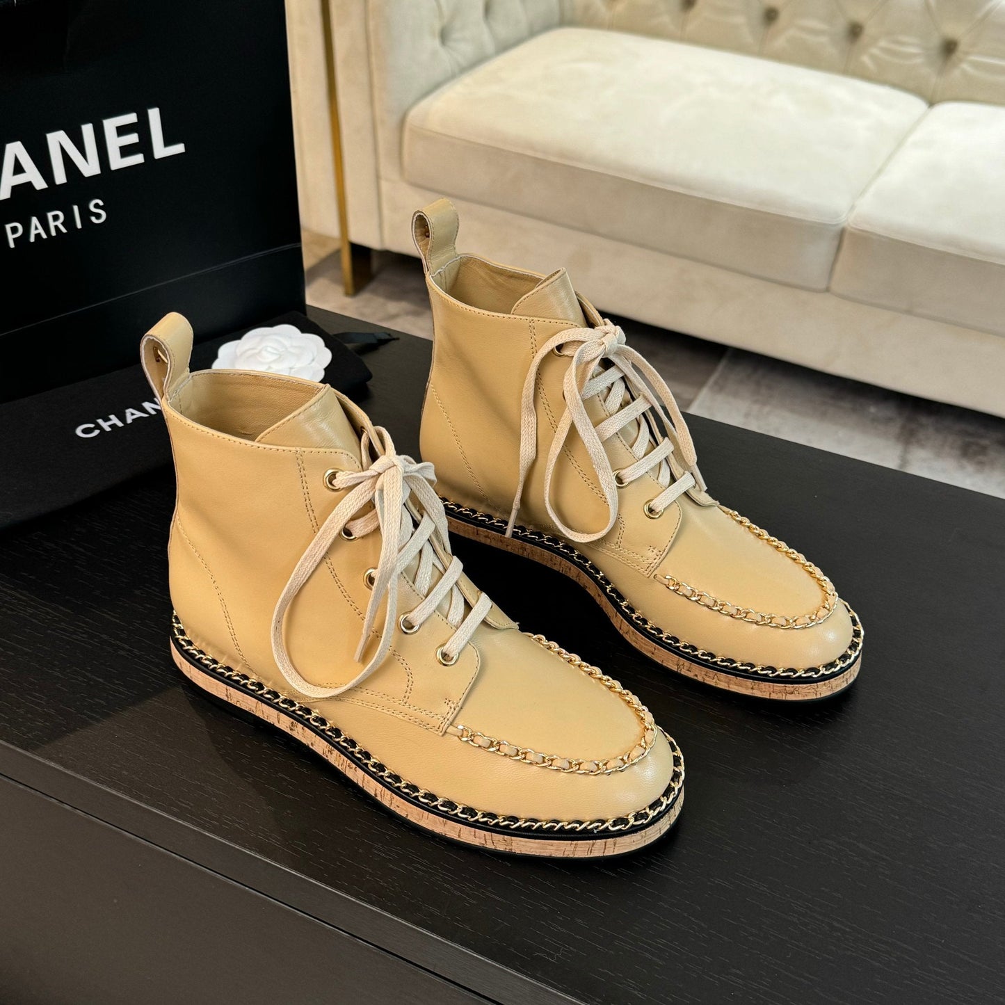 CHANEL Ankle Boots Beige With Chain Calfskin