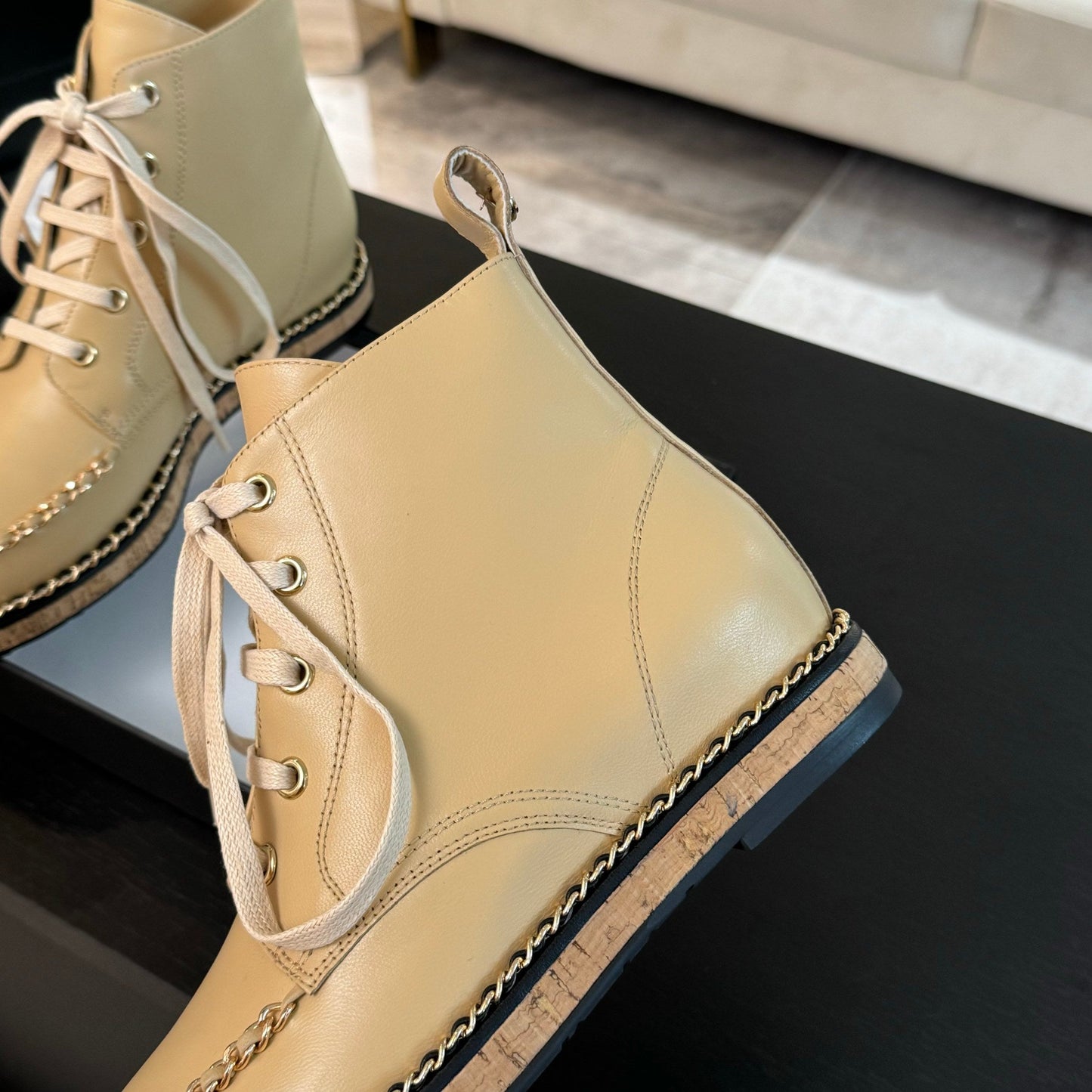 CHANEL Ankle Boots Beige With Chain Calfskin