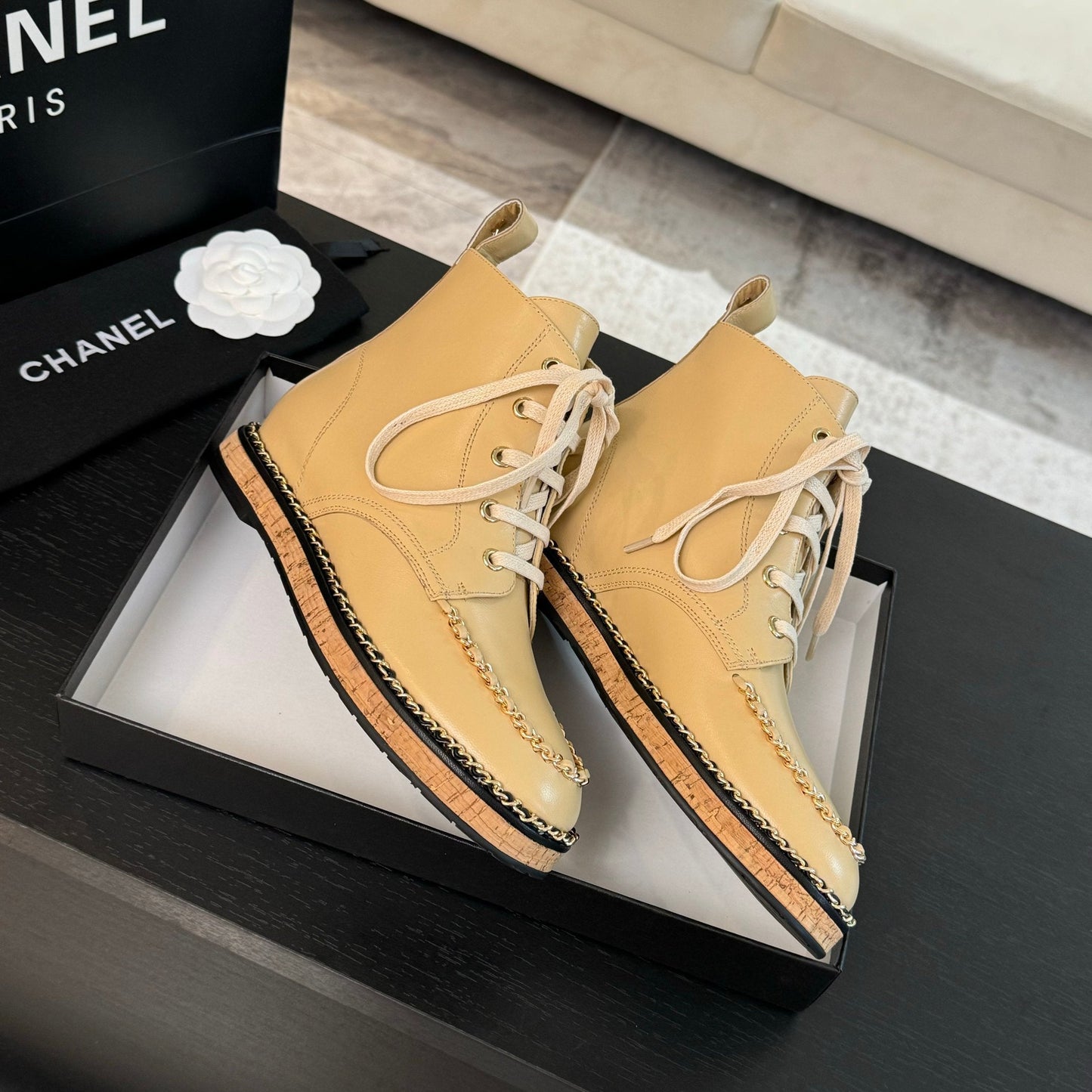 CHANEL Ankle Boots Beige With Chain Calfskin