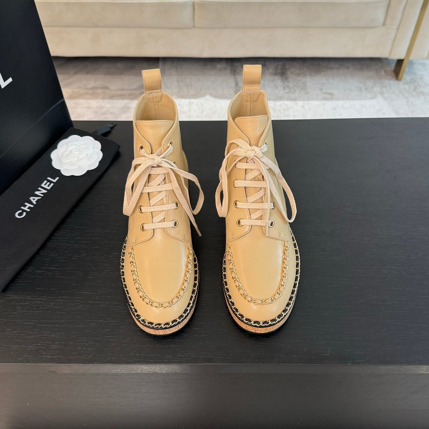 CHANEL Ankle Boots Beige With Chain Calfskin