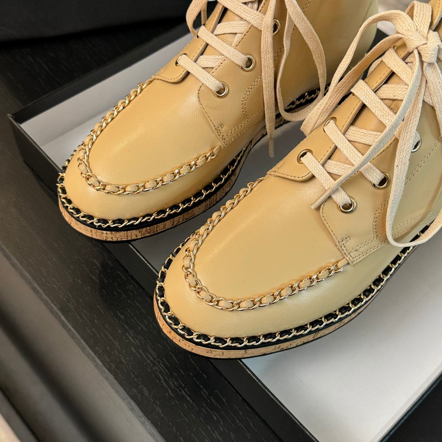 CHANEL Ankle Boots Beige With Chain Calfskin