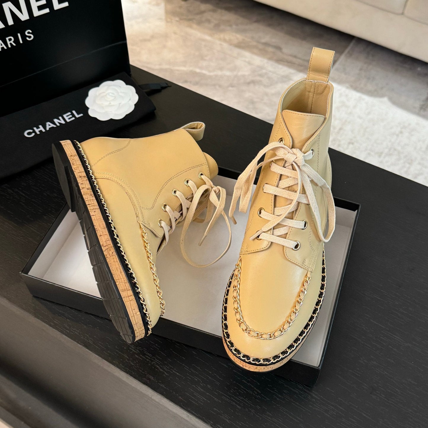 CHANEL Ankle Boots Beige With Chain Calfskin