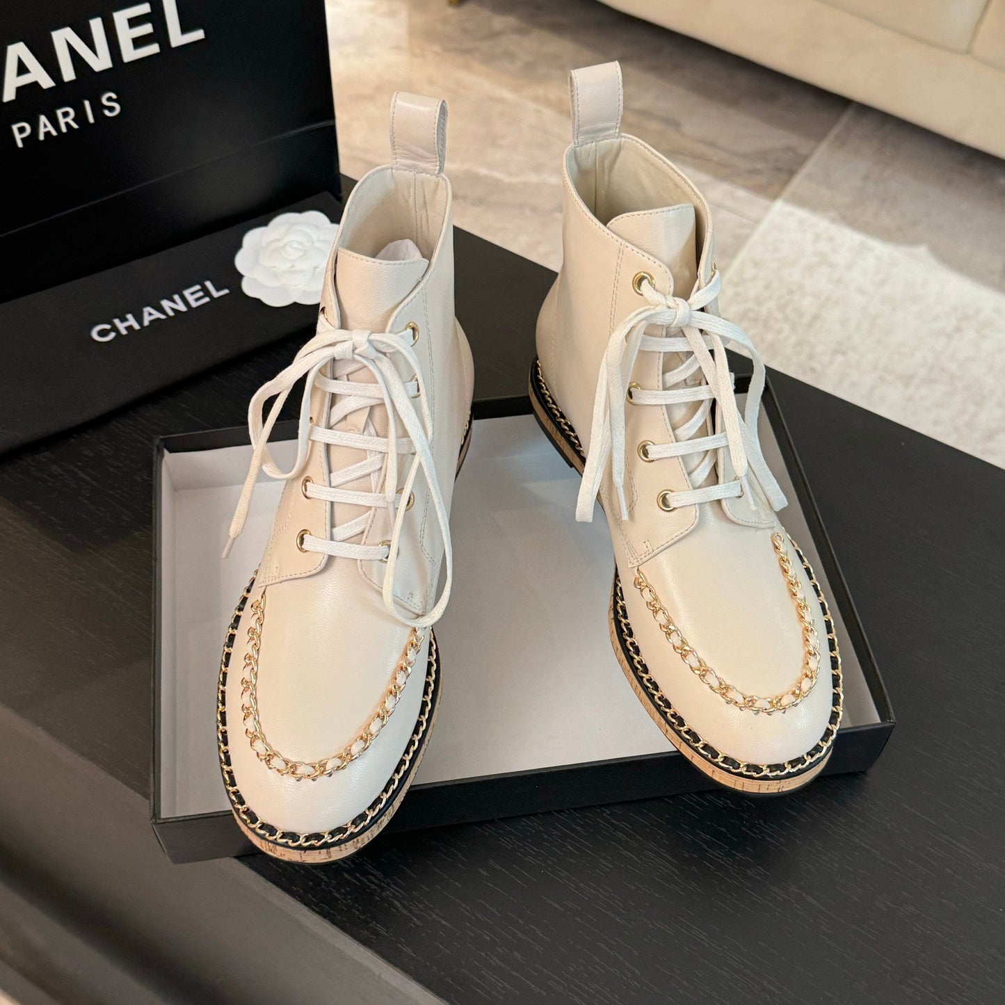 CHANEL Ankle Boots White With Chain Calfskin