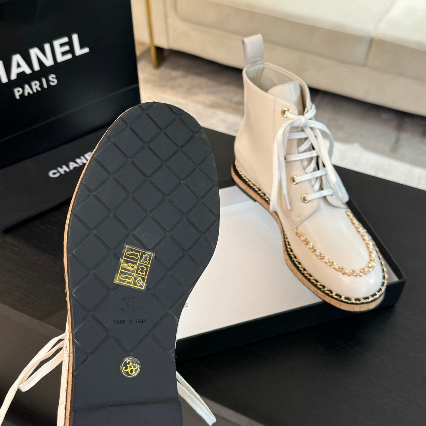 CHANEL Ankle Boots White With Chain Calfskin