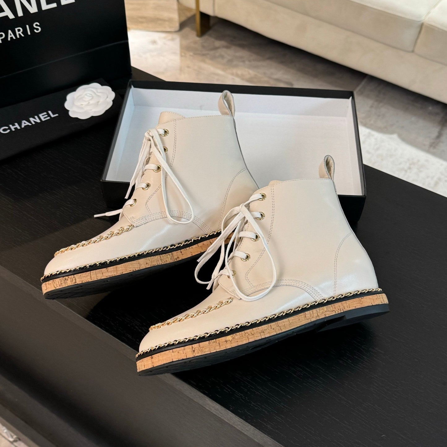 CHANEL Ankle Boots White With Chain Calfskin
