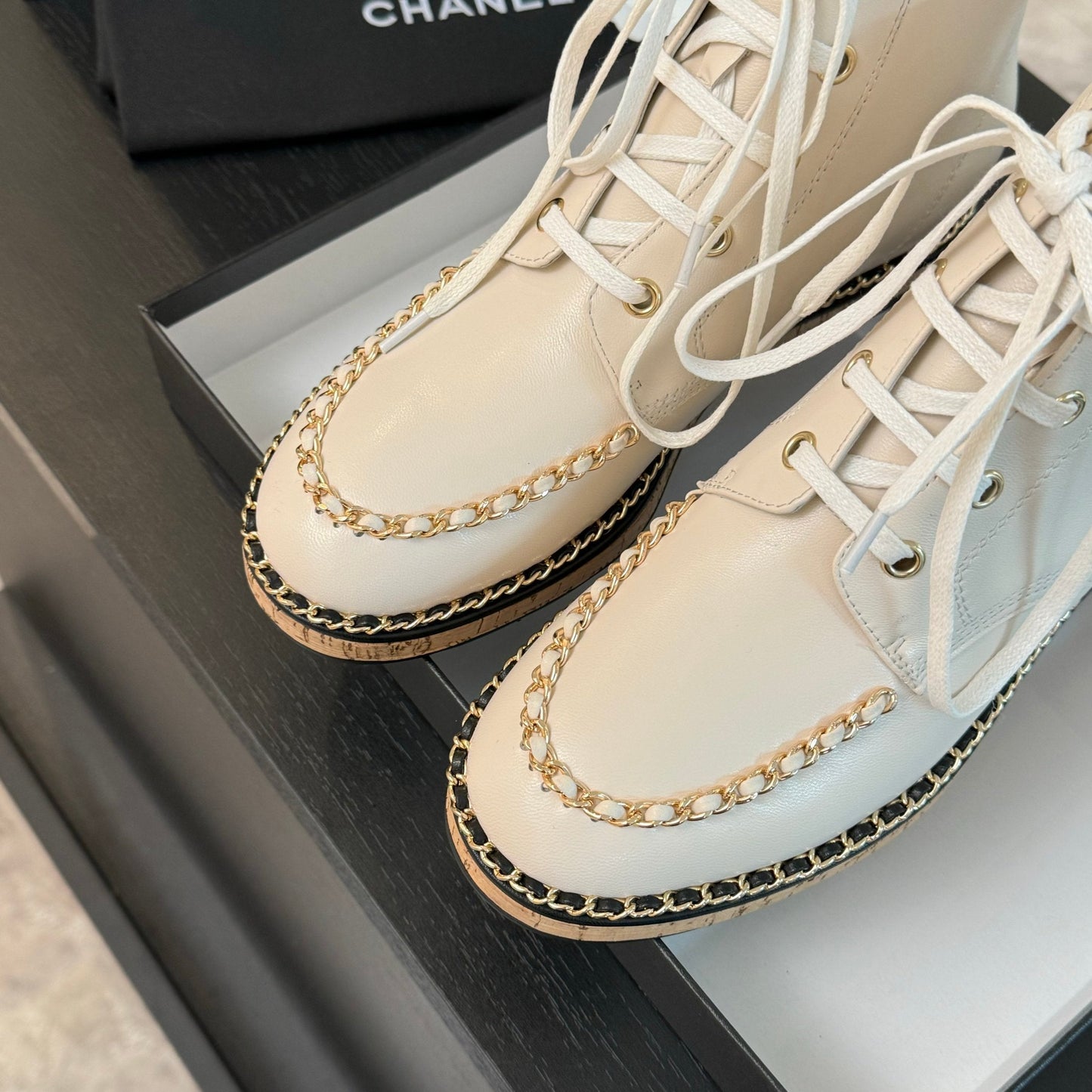 CHANEL Ankle Boots White With Chain Calfskin