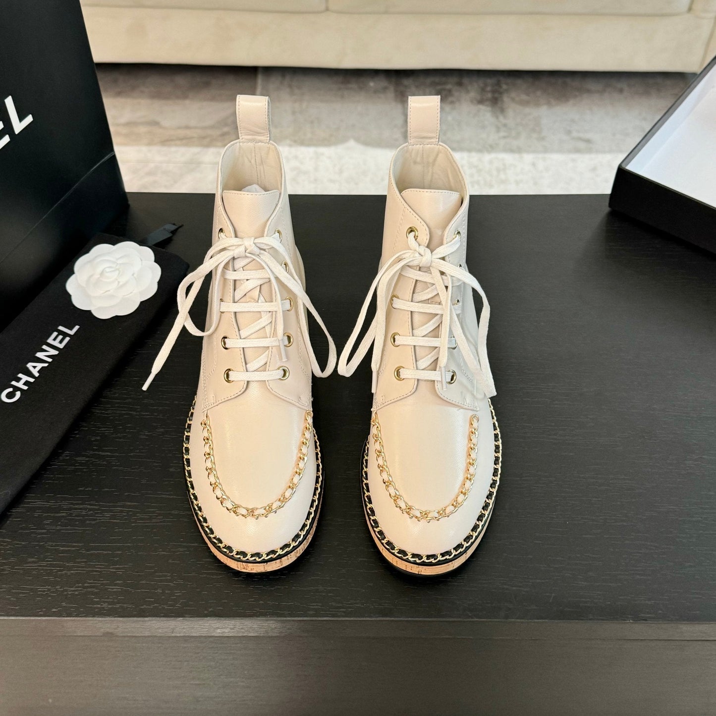 CHANEL Ankle Boots White With Chain Calfskin