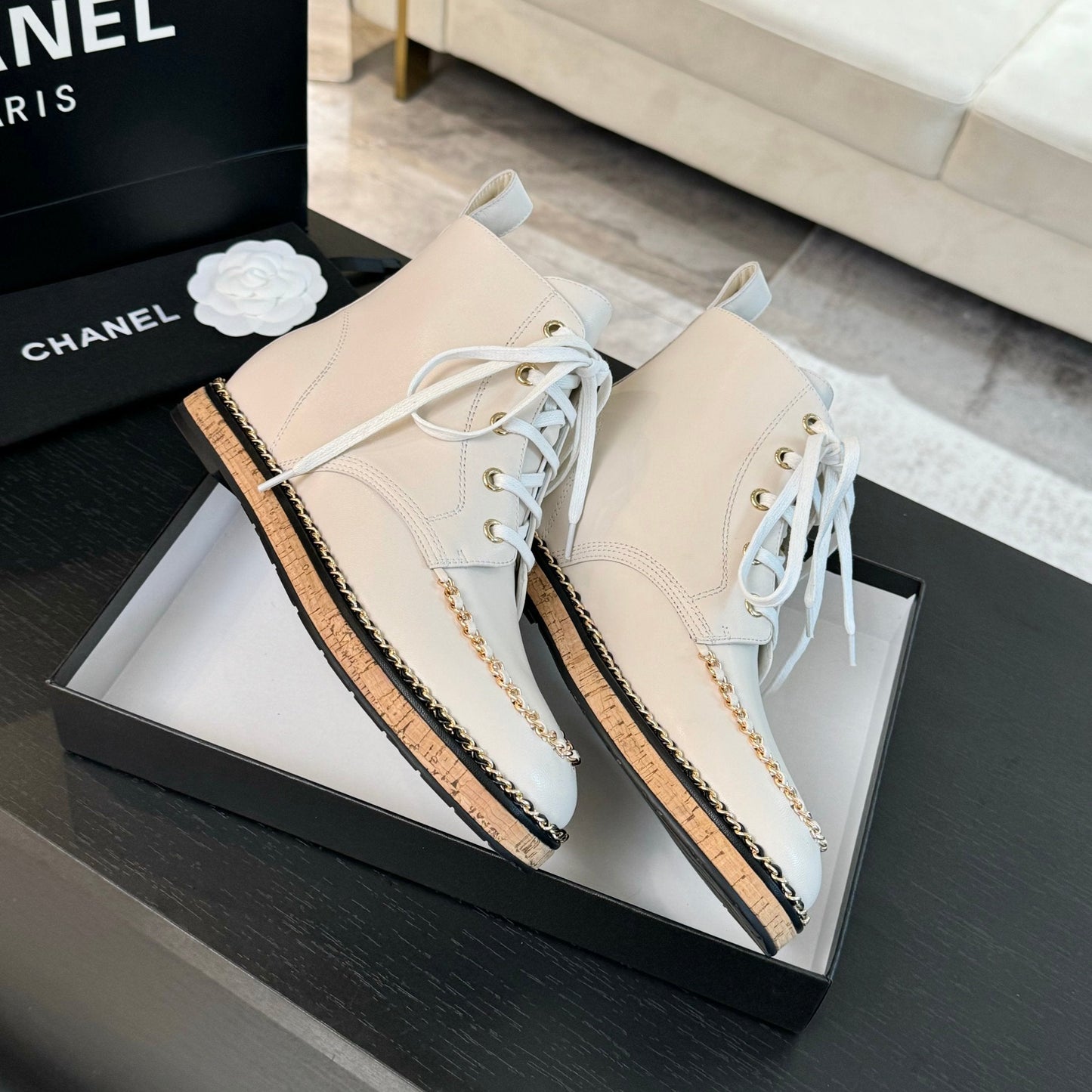 CHANEL Ankle Boots White With Chain Calfskin