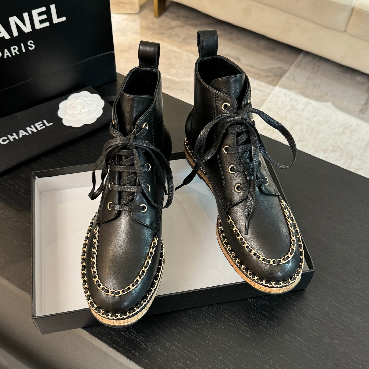 CHANEL Ankle Boots Black With Chain Calfskin