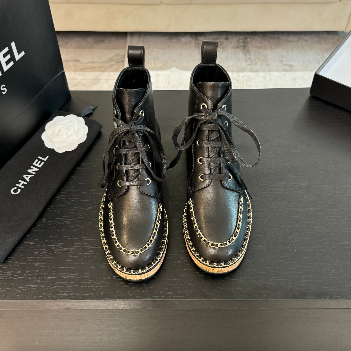 CHANEL Ankle Boots Black With Chain Calfskin