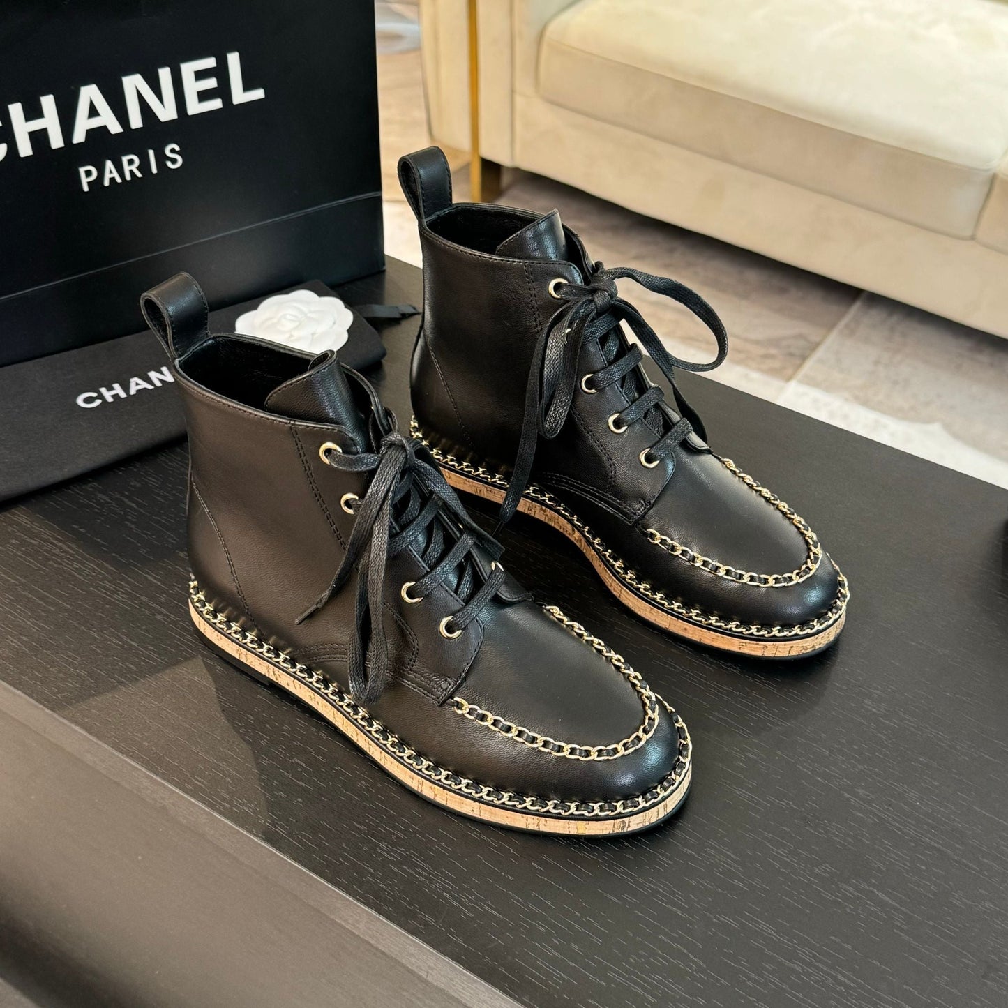 CHANEL Ankle Boots Black With Chain Calfskin