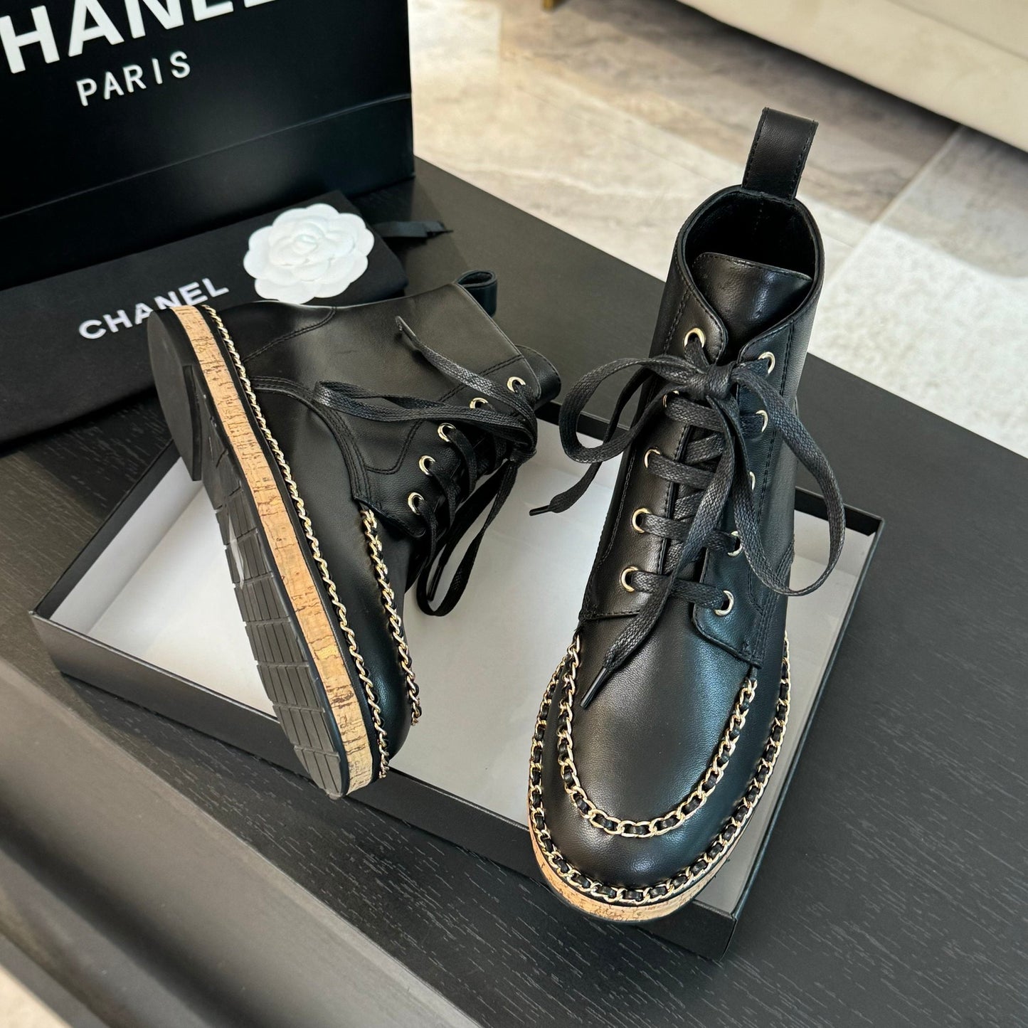CHANEL Ankle Boots Black With Chain Calfskin