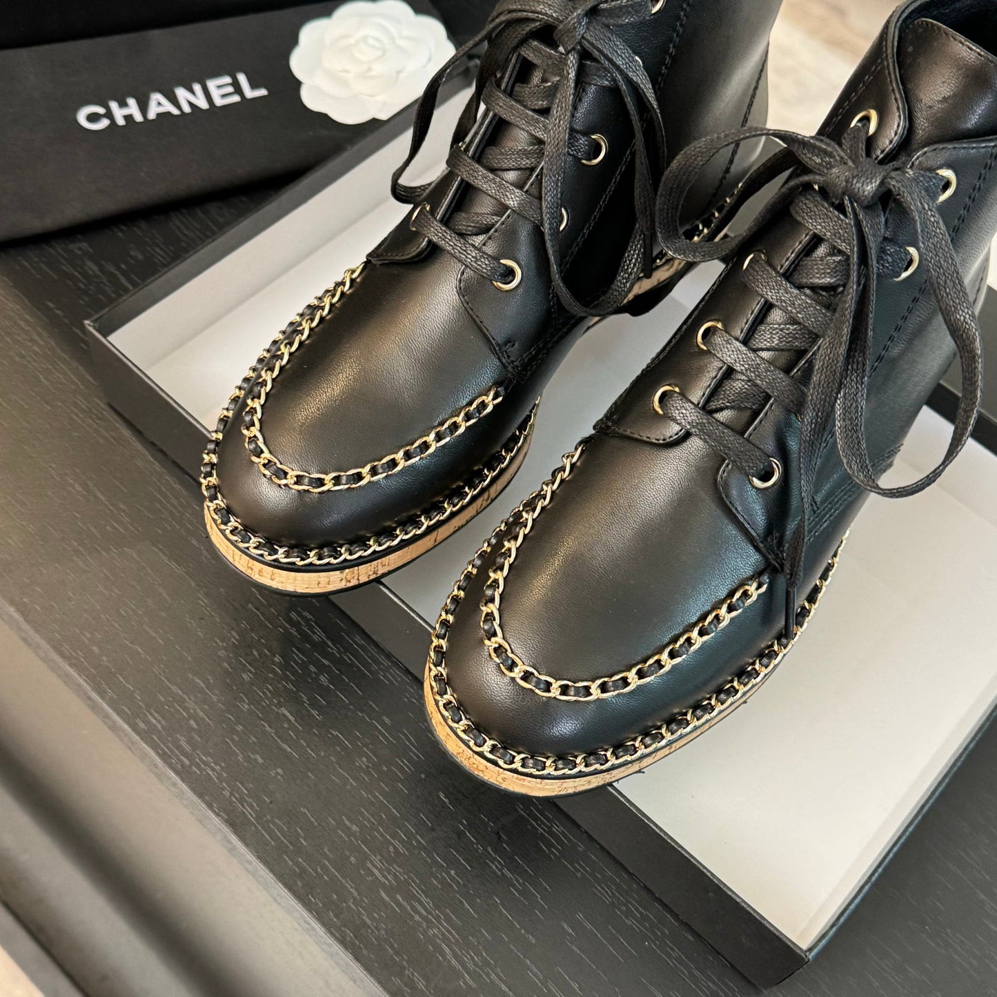 CHANEL Ankle Boots Black With Chain Calfskin