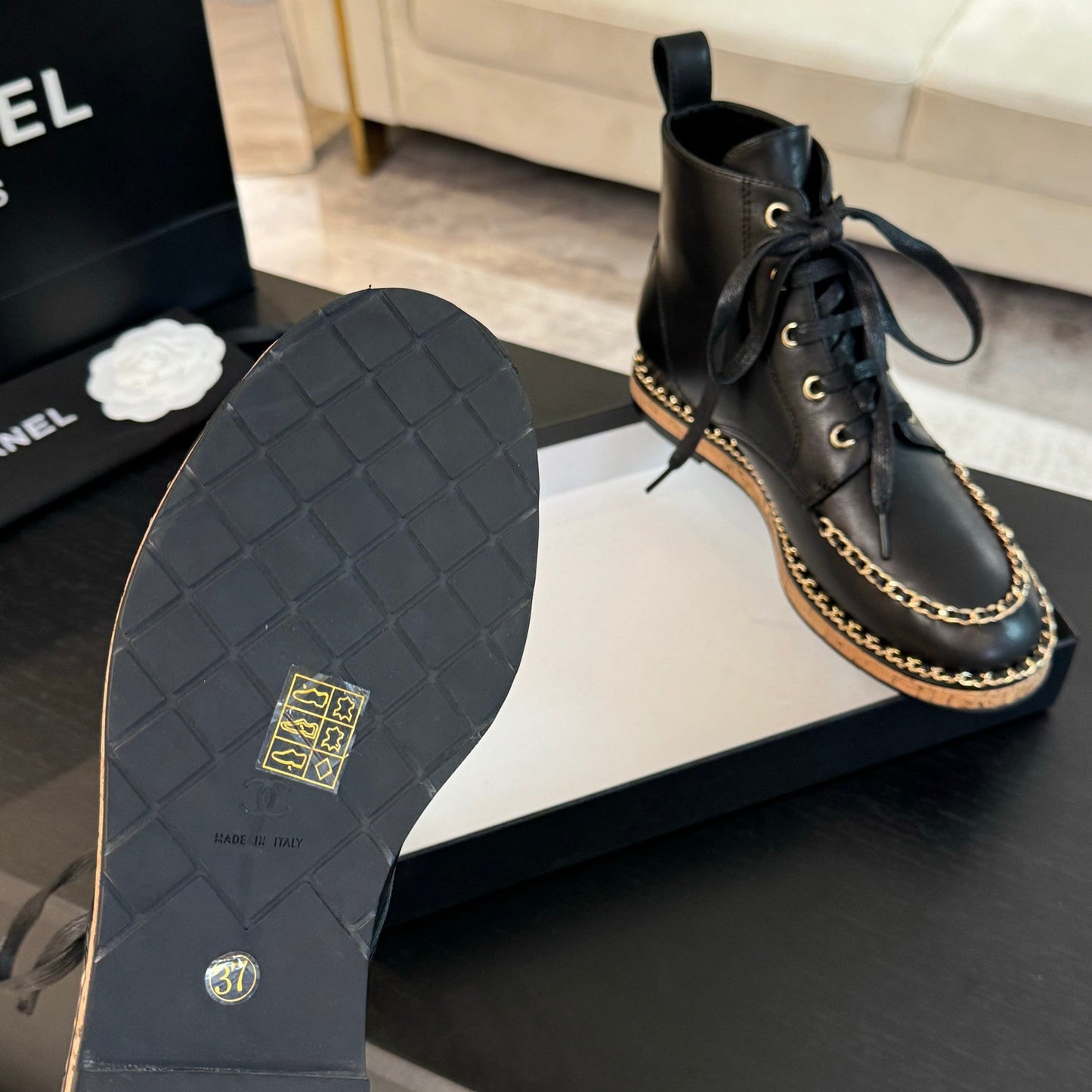 CHANEL Ankle Boots Black With Chain Calfskin