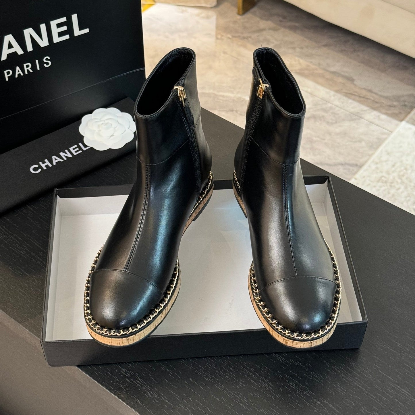 CHANEL Ankle Boots 20mm Black Chain Calfskin