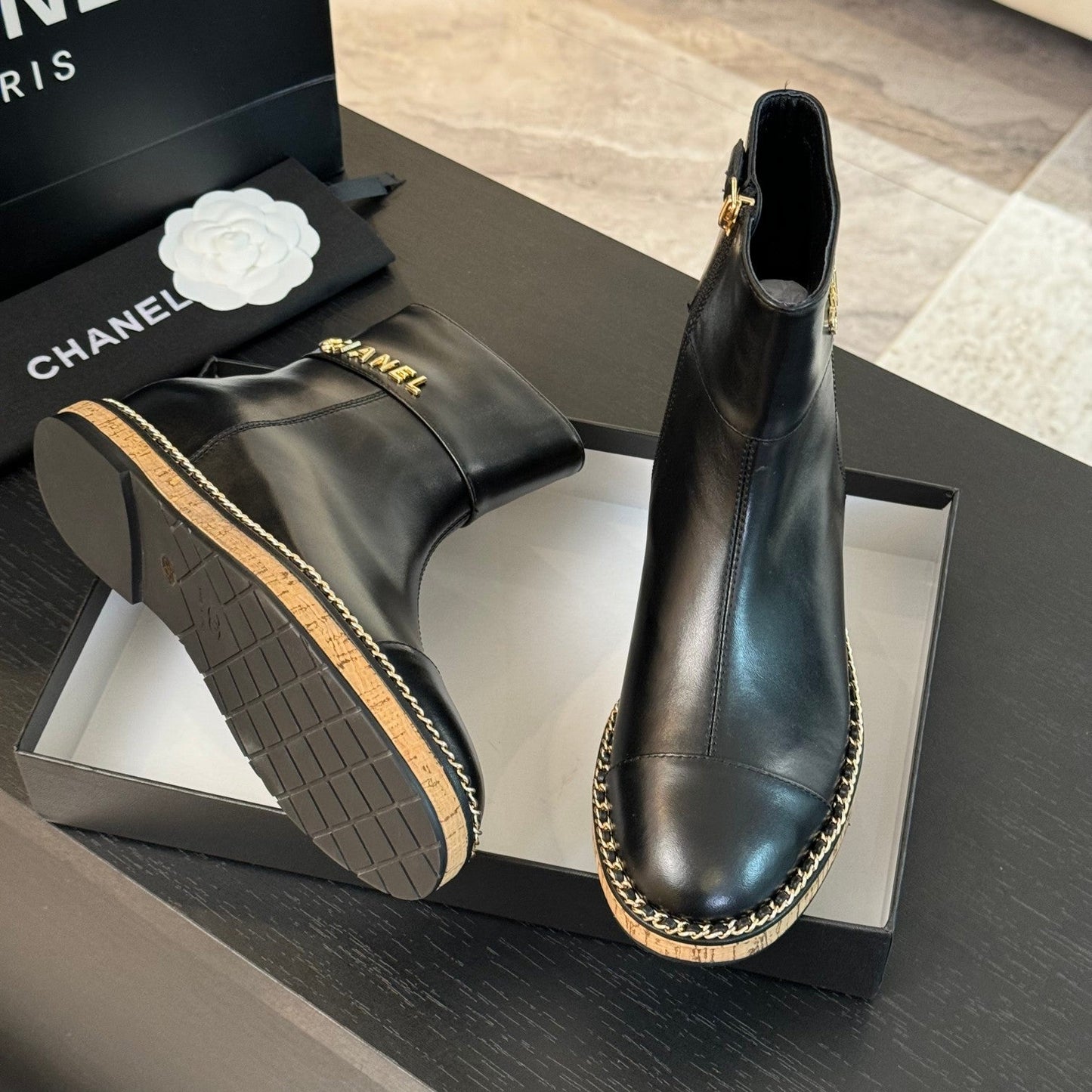 CHANEL Ankle Boots 20mm Black Chain Calfskin