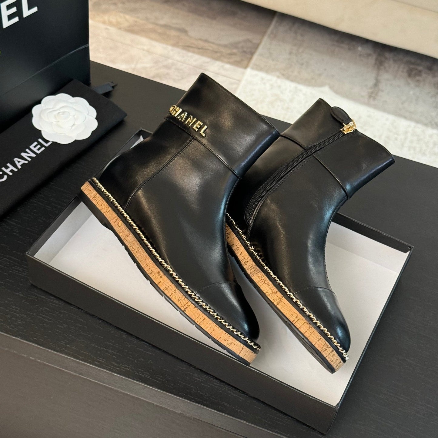 CHANEL Ankle Boots 20mm Black Chain Calfskin