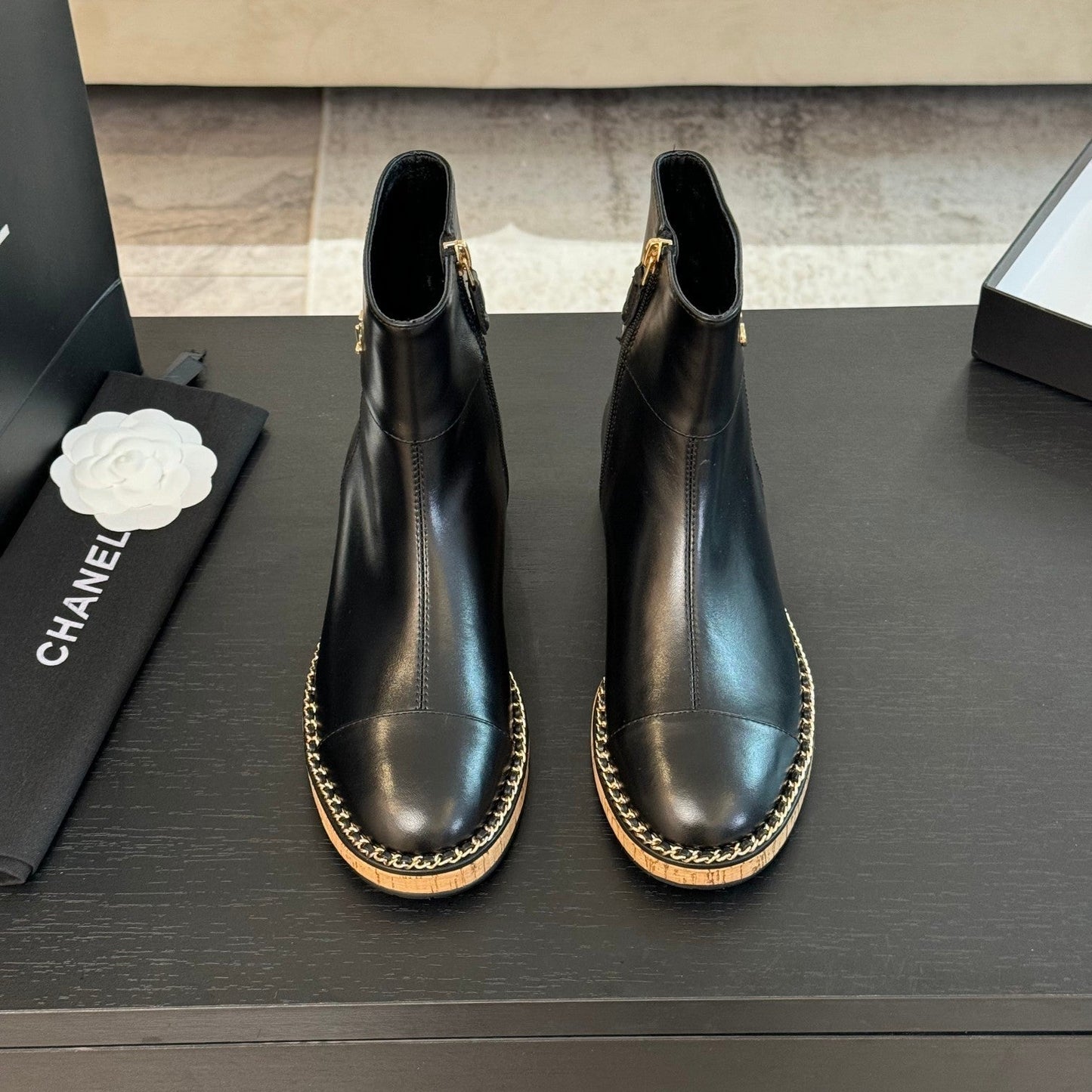 CHANEL Ankle Boots 20mm Black Chain Calfskin