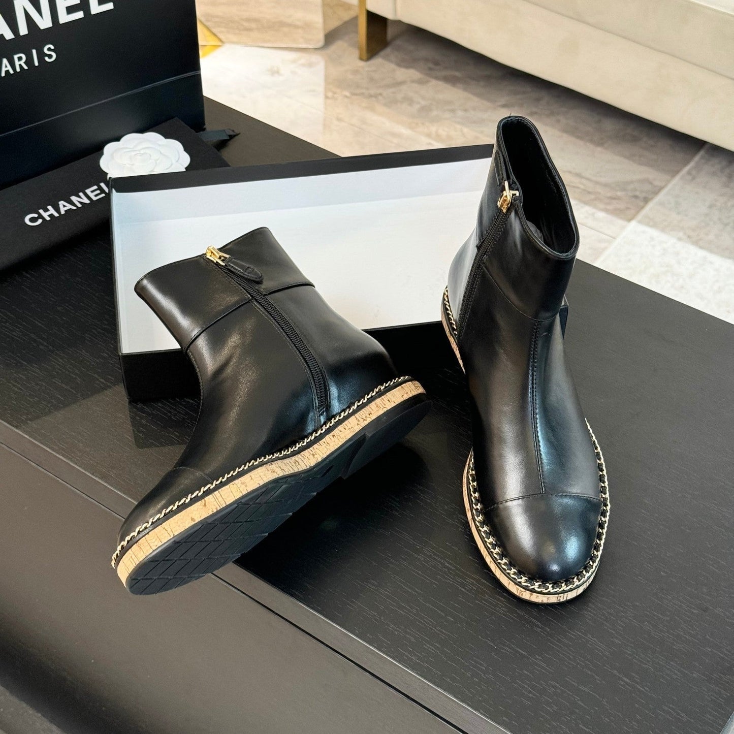 CHANEL Ankle Boots 20mm Black Chain Calfskin