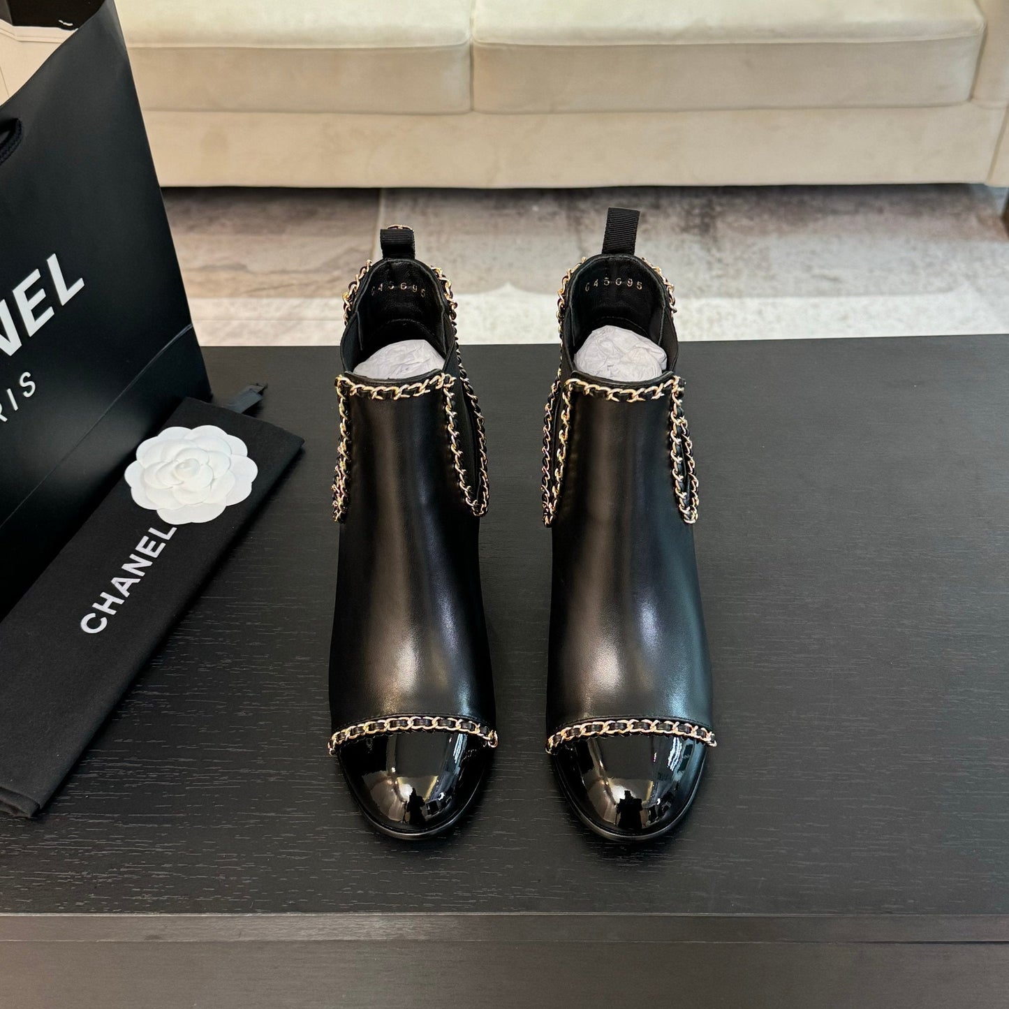 CHANEL Ankle Boots Black Chain Cowhide